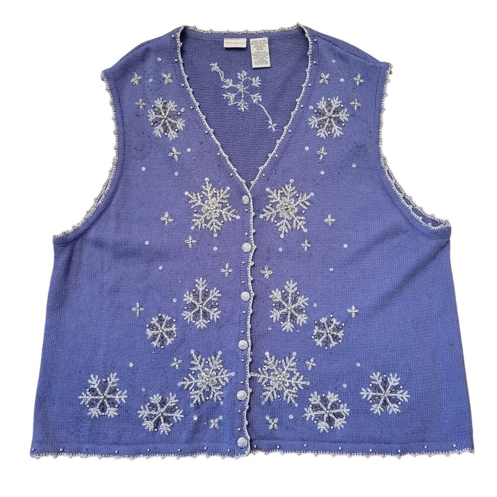Vintage White Stag Plus Blue Snowflake Vest 22/24W Sequins Beads Winter Holiday